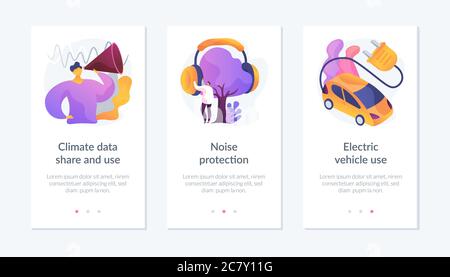 Gemeinsame Nutzung von Klimadaten, Lärmschutz, Elektrofahrzeug-App-Interface-Vorlage. Stock Vektor