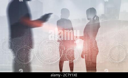 Geschäftslösungen für Erfolg und Strategie. Gear Mixed Media Konzept. Stockfoto