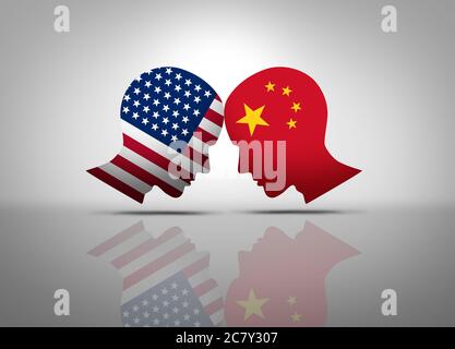 US-China-Konflikt und USA oder USA Handel und amerikanische Zölle Konflikt mit zwei gegensätzlichen Handelspartnern als wirtschaftliche Import und Exporte. Stockfoto