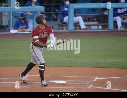 Los Angeles, Usa. Juli 2020. Arizona Diamondbacks Ketel Marte verbindet sich mit einem Solo-Heimlauf im ersten Inning vor Los Angeles Dodgers' Rookie Pitch White am Sonntag, 19. Juli 2020 im Dodger Stadium in Los Angeles. Major League Baseball beginnt ihre Saison 2020, nachdem die COVID-19 Pandemie monatelange Verzögerungen verursachte. Foto von Jim Ruymen/UPI Kredit: UPI/Alamy Live Nachrichten Stockfoto