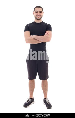 Schöner bärtiger arabischer Sportler isoliert auf weißem Hintergrund Stockfoto