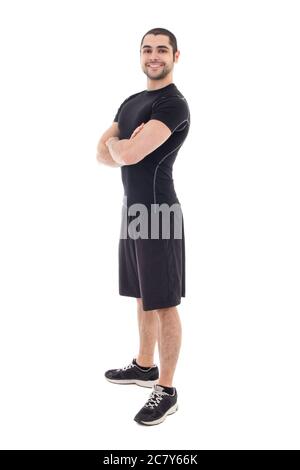 In voller Länge Porträt von schönen bärtigen arabischen Mann in Sportswear isoliert auf weißem Hintergrund Stockfoto