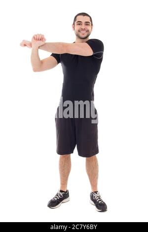 Schöner bärtiger arabischer Mann in Sportswear wärmende Hände vor dem Training isoliert auf weißem Hintergrund Stockfoto
