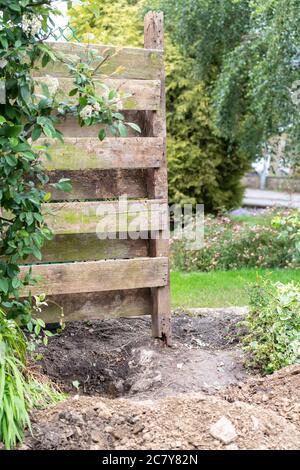 Überreste von verfaulten hölzernen Gartenzaun, der bei starken Winden in Erwartung der Reparatur im britischen Garten heruntergeblasen hat. Loch teilweise für Ersatzpfosten gegraben Stockfoto