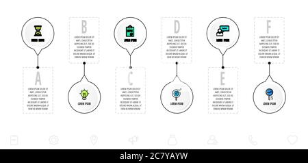 Infografiken Kreise mit 6 Schritten, Symbole. Vektorvorlage für flache Linien. Kann für sechs Diagramme verwendet werden, Geschäft, Web, Flussdiagramm, Info-Diagramm, Zeitleiste Stock Vektor