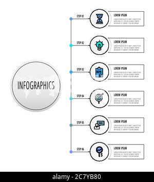 Infografiken Kreise mit 6 Schritten, Symbole. Vektorvorlage für flache Linien. Kann für sechs Diagramme verwendet werden, Geschäft, Web, Flussdiagramm, Info-Diagramm, Zeitleiste Stock Vektor
