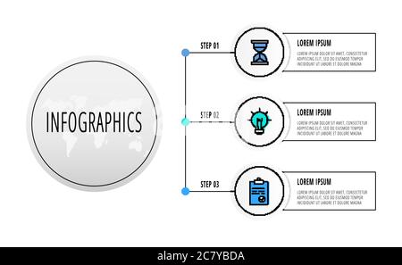 Infografiken Kreise mit 3 Schritten, Symbole. Vektorvorlage für flache Linien. Kann für drei Diagramme verwendet werden, Geschäft, Web, Banner, Info-Grafik, Zeitleiste Stock Vektor