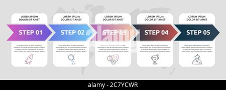 Vektor-Infografiken Pfeile mit 5 aufeinanderfolgenden Schritten, Beschriftungen. Kann für Diagramm, Geschäft, Workflow-Layout, Präsentationen, Flussdiagramm, Info-Diagramm verwendet werden Stock Vektor