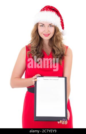 Frau in santa hat hält Zwischenablage mit Copyspace isoliert auf weißem Hintergrund Stockfoto