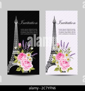 Set von vertikalen Bannern mit Eiffelturm und Blumen. Stock Vektor