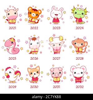 Satz von chinesischen Neujahrszeichen Zeichen im kawaii Stil. Niedliches Tier in traditioneller chinesischer Kleidung. Schafe, Kaninchen, Stier, Hund, Kaninchen, Tiger, Pferd, m Stock Vektor