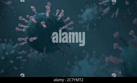 Coronavirus COVID-19 Bakterien. Mikroskopische Nahaufnahme mit Tiefenschärfe. Lungenentzündung, Grippe, Krankheit, Infektion. Realistische 3D-Darstellung. Stockfoto