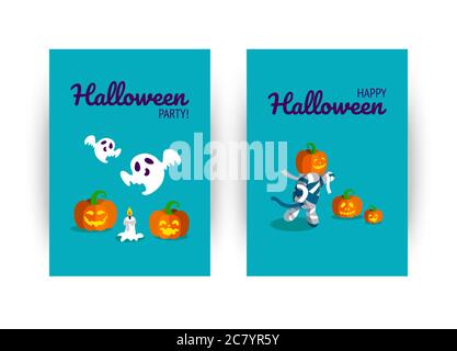 Grußkarte für Halloween-Party. Halloween-Figuren mit Kürbissen und Kerze. Vektorgrafik in flacher Form Stock Vektor
