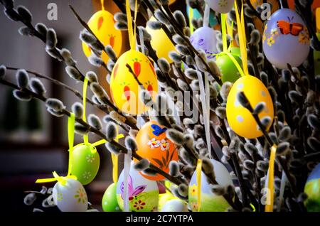 Traditionelle bemalte ostereier hängen von einem dekorativen Baum Stockfoto