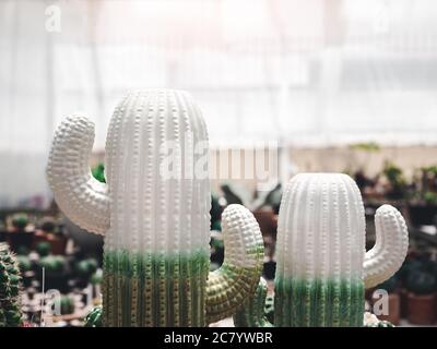 Zwei weiße und grüne Kaktus Keramik Modelle Dekoration auf Haus Pflanze Shop Hintergrund mit Kopieplatz. Stockfoto