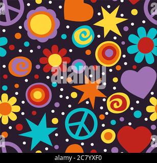 Bunte Hippie-nahtlose Muster mit Peace-Zeichen, Herzen und Blumen Stockfoto