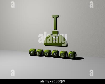 3D-Illustration von Schaufel Grafiken und Text von metallischen Würfel Buchstaben für die damit verbundenen Bedeutungen des Konzepts und Präsentationen gemacht. Hintergrund und Garten Stockfoto