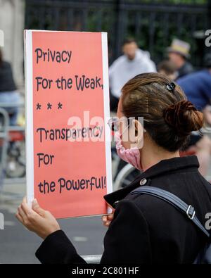 Freie Julian Assange Protestierenden mit Plakat vor dem Parlament in Westminster, London, Großbritannien Stockfoto