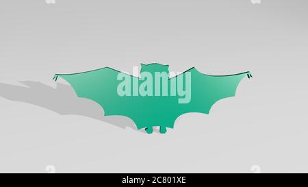 FLEDERMAUS aus einer Perspektive an der Wand. Eine dicke Skulptur aus metallischen Materialien von 3D-Rendering. Illustration und halloween Stockfoto