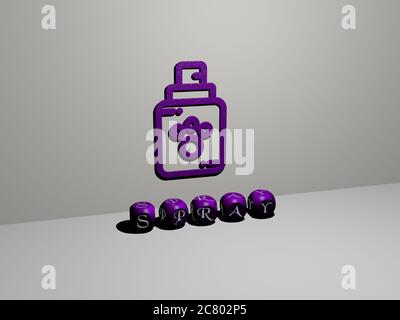 3D-Darstellung von SPRAY mit Symbol an der Wand und Text angeordnet durch metallische kubische Buchstaben auf einem Spiegelboden für Konzept Bedeutung und Diashow-Präsentation. Hintergrund und Illustration Stockfoto