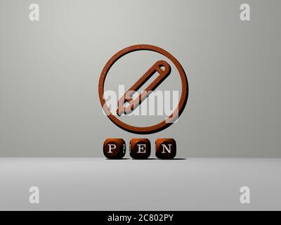 3D-Grafik-Bild des STIFTES vertikal zusammen mit Text von metallischen kubischen Buchstaben aus der oberen Perspektive gebaut, ausgezeichnet für das Konzept Präsentation und Diashows. Illustration und Hintergrund Stockfoto