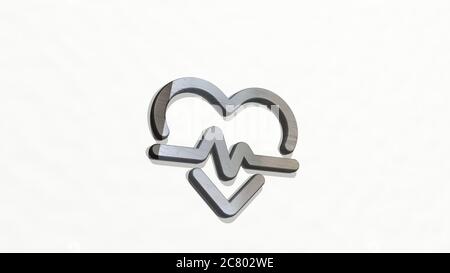 ÜBERWACHEN SIE DEN HERZSCHLAG aus einer Perspektive an der Wand. Eine dicke Skulptur aus metallischen Materialien von 3D-Rendering. Illustration und Computer Stockfoto