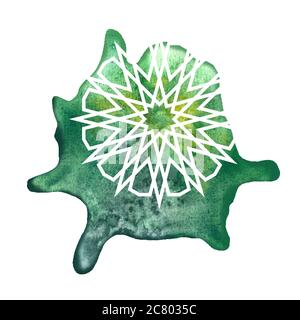 Arabeske runde geometrische Element mit Aquarell-Splash. Mandala-Kunstdesign. Arabisch-modernes Design Stockfoto