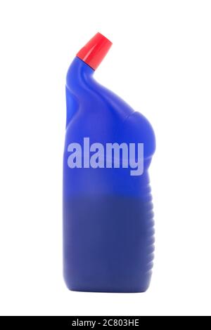 Blaue Plastikflasche mit Spülflüssigkeit isoliert auf weißem Hintergrund Stockfoto