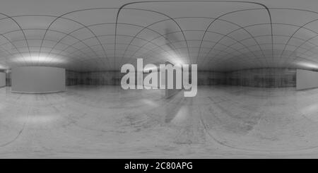 360 Grad sphärisches vr-Panorama. Abstrakt leeres weißes Interieur mit Ständern Installation, HDRI nahtlose Umgebungskarte einer Ausstellungsgalerie mit Stockfoto