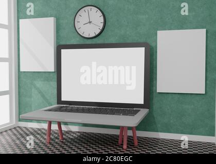Desktop-Computer mit weißem Bildschirm auf dem Tisch des Büros Mockup 3d-Rendering. 3d-Illustration Stockfoto
