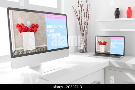 Arbeitsbereich zu Hause mit einem Desktop-Computer 3d-Rendering mockup.Modern Web responsive Konzept . 3d-Illustration Stockfoto