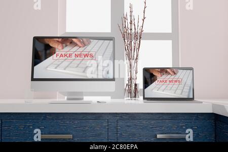 Arbeitsbereich zu Hause mit einem Desktop-Computer 3d-Rendering Fake News mockup.Modern Web responsive Konzept . 3d-Illustration Stockfoto