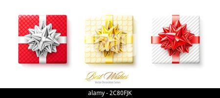 Set von Geschenkboxen mit goldenen und roten Schleifen und Bändern isoliert auf weißem Hintergrund Stock Vektor