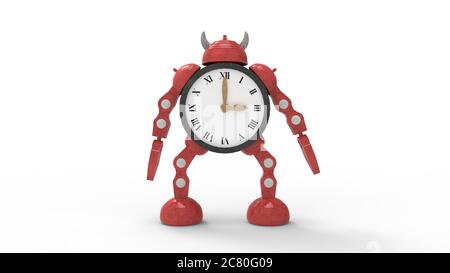 3D-Rendering eines roten Roboter Uhr Puppe Figur scifi niedlich isoliert Stockfoto