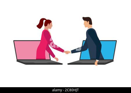 Geschäftsmann und -Frau machen sich auf Distanz und schütteln sich die Hände auf Laptop-Bildschirmen. Web Online Vereinbarung Kommunikation Konferenzkonzept. Virtuelle Handshake Zusammenarbeit Vektor flache Illustration Stock Vektor