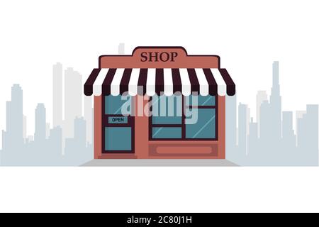 Vektor Shop oder Markt Store Front Außenfassade, Vektor-Illustration auf sity Raum Hintergrund. Stock Vektor