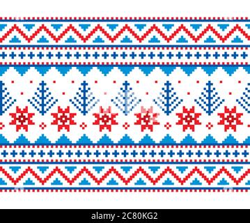 Winter, Weihnachten Fair Isle Stil traditionelle Strickmode Vektor lange vertikale nahtlose Muster mit Schneeflocken, Bäume in blauen und roten Farben Stock Vektor