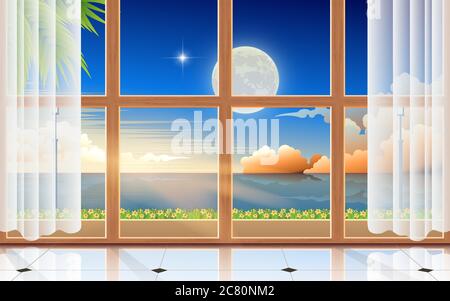 Sonnenlicht an den Fenstern des Bungalows am Morgen am Strand im Sommer Stock Vektor