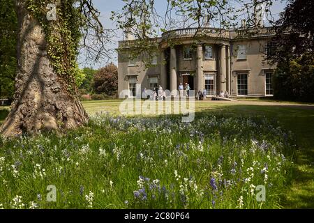 Besucher versammelten sich vor der Eingangstür des Regentenklopfhauses Scampston Hall in der Nähe von Malton, North Yorkshire mit Platane im Vordergrund Stockfoto