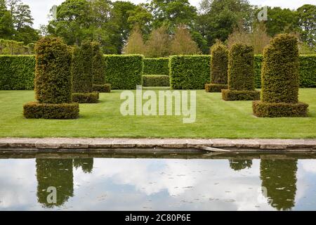 Eibensäulen vom reflektierenden Teich, entworfen von den holländern Gartenarchitekt Piet Oudolf im Silent Garden bei Scampston Halle Stockfoto