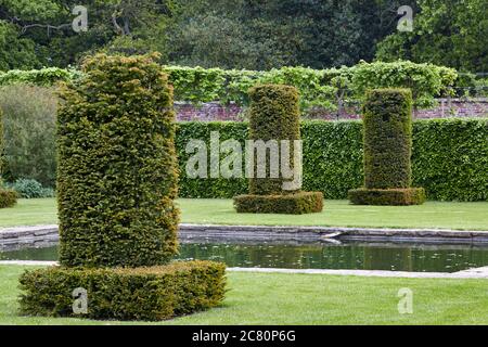 Eibensäulen vom reflektierenden Teich, entworfen von den holländern Gartenarchitekt Piet Oudolf im Silent Garden bei Scampston Halle Stockfoto