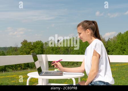 Lifestyle-Porträt von ziemlich jungen Mädchen am Laptop auf dem Balkon des Hotels in den Bergen arbeiten. Freiberuflich Stockfoto