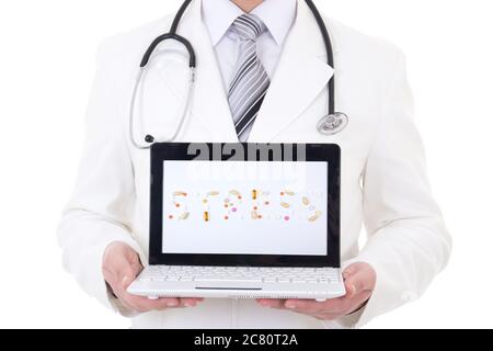 Laptop mit Wortstress in den Händen des Arztes isoliert auf weißem Hintergrund Stockfoto