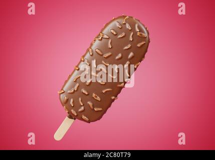 Braune Schokolade Eis Eis Popsicle mit Nüssen auf einem bunten rosa Hintergrund bedeckt. Erfrischend Sommer süß. Realistische 3D-Illustration Stockfoto