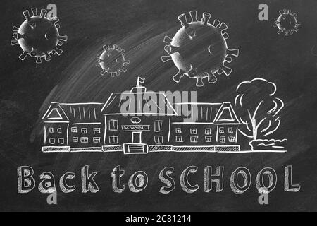 Schulgebäude, Coronavirus-Zellen und Schriftzug Back to School werden mit Kreide auf eine Tafel gezeichnet. Covid-19-Konzept. Beginn des neuen Schuljahres 2 Stockfoto