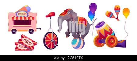 Zirkuskram und Elefant auf Ball, großer Zelt Tierkünstler, eingehängtes Fahrrad, Eisdiele und Ballons, Tickets, Kanonen und Maracas. Vergnügungspark Dekoration, Cartoon Vektor Illustration, Set Stock Vektor