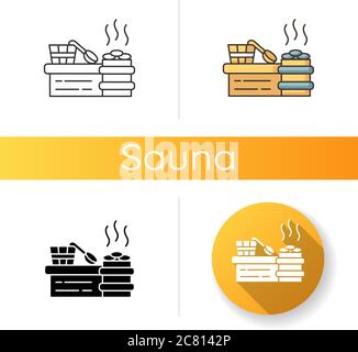 Dampfsauna-Symbol. Lineare Schwarz- und RGB-Farbstile. Sauna Erholung, Vaporarium. Dampfbad, Badehausgeräte. Wassereimer, Holzlöffel und er Stock Vektor