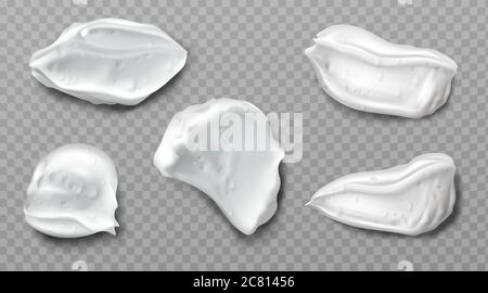Schaumcreme Farbfelder isoliert auf transparentem Hintergrund. Vector realistische Abstriche Set aus weißem Schaum Kosmetik, Rasiergel oder Creme. Mousse-Schaumverschmierungen, Beauty-Produkt für Gesicht oder Körperpflege Stock Vektor