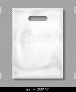Weiße Plastiktüte isoliert auf transparentem Hintergrund. Vector Mockup von leerem Paket mit Griffen, leeres Polyethylen-Paket für den Einkauf, Geschenk oder Merchandise. Vorlage für Corporate Design auf flacher Tasche Stock Vektor