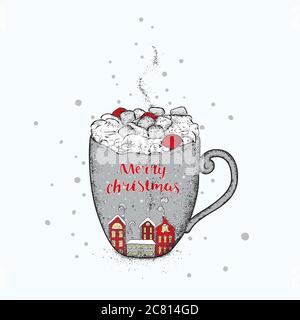 Ein schöner Neujahrsbecher mit einer Winterstadt. Schöne Häuser und eine Tasse mit Kakao und Marshmallows. Neujahr und Weihnachten. Vektorgrafik für Stock Vektor